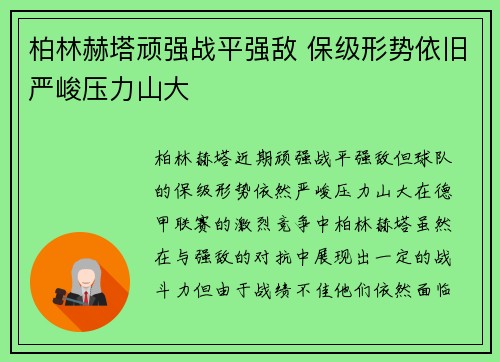 柏林赫塔顽强战平强敌 保级形势依旧严峻压力山大