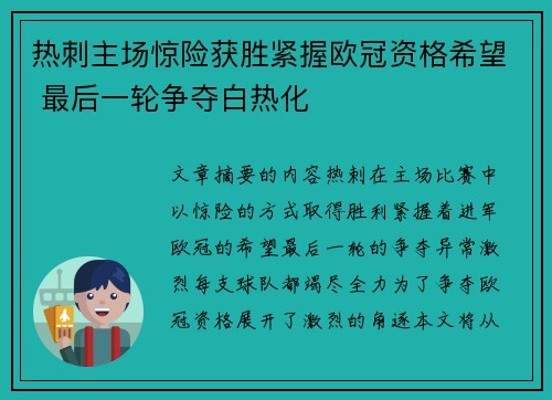 热刺主场惊险获胜紧握欧冠资格希望 最后一轮争夺白热化