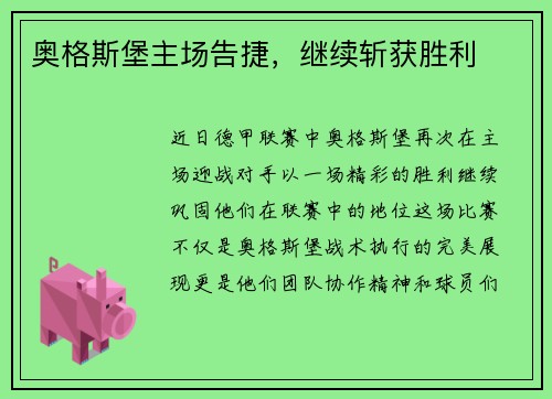 奥格斯堡主场告捷，继续斩获胜利