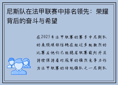 尼斯队在法甲联赛中排名领先：荣耀背后的奋斗与希望