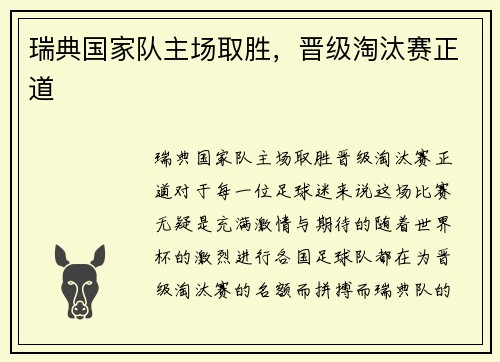 瑞典国家队主场取胜，晋级淘汰赛正道
