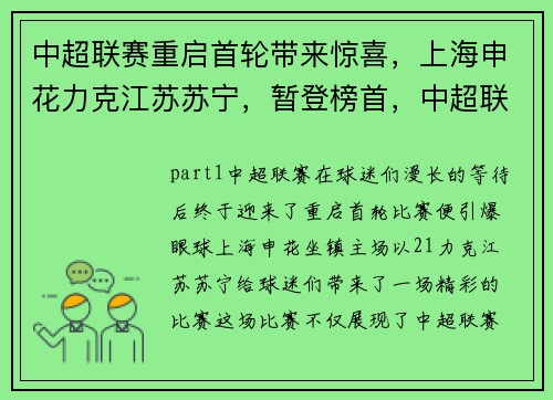 中超联赛重启首轮带来惊喜，上海申花力克江苏苏宁，暂登榜首，中超联赛上海申花直播