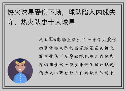 热火球星受伤下场，球队陷入内线失守，热火队史十大球星
