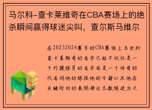 马尔科-查卡莱维奇在CBA赛场上的绝杀瞬间赢得球迷尖叫，查尔斯马维尔