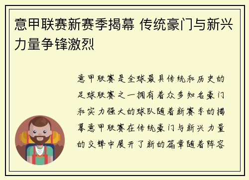 意甲联赛新赛季揭幕 传统豪门与新兴力量争锋激烈