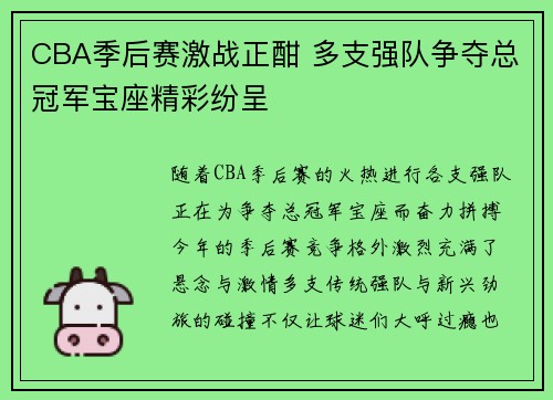 CBA季后赛激战正酣 多支强队争夺总冠军宝座精彩纷呈