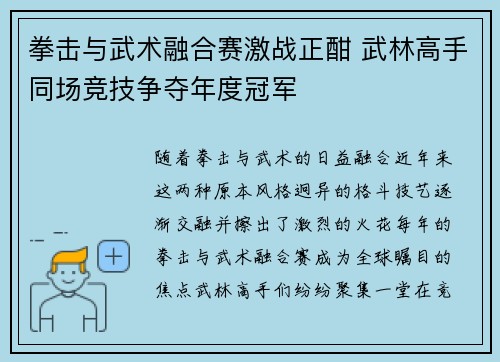 拳击与武术融合赛激战正酣 武林高手同场竞技争夺年度冠军