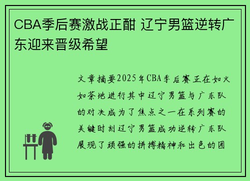 CBA季后赛激战正酣 辽宁男篮逆转广东迎来晋级希望