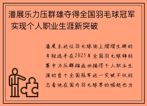 潘展乐力压群雄夺得全国羽毛球冠军 实现个人职业生涯新突破
