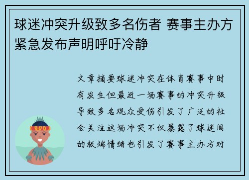 球迷冲突升级致多名伤者 赛事主办方紧急发布声明呼吁冷静
