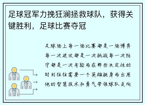 足球冠军力挽狂澜拯救球队，获得关键胜利，足球比赛夺冠