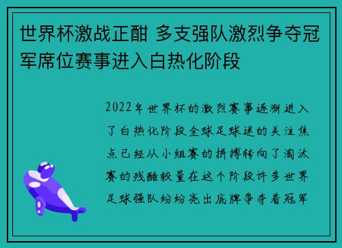 世界杯激战正酣 多支强队激烈争夺冠军席位赛事进入白热化阶段
