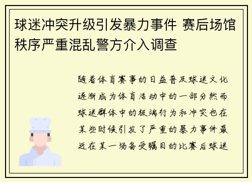 球迷冲突升级引发暴力事件 赛后场馆秩序严重混乱警方介入调查